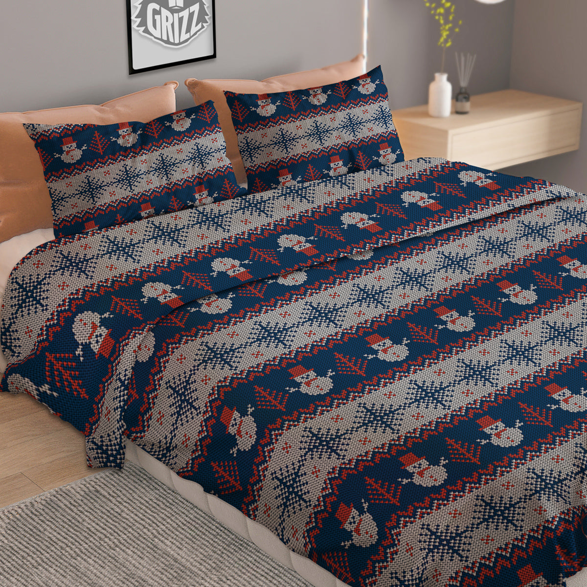 Knitted Cute Snowman Print Pattern Duvet Cover Bedding Set