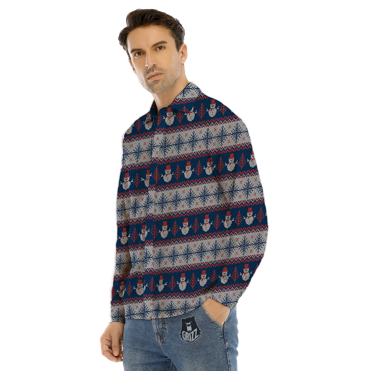 Knitted Cute Snowman Print Pattern Men's Dress Shirts-grizzshop