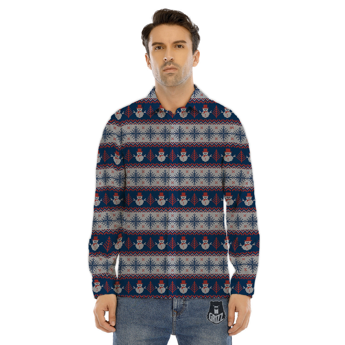 Knitted Cute Snowman Print Pattern Men's Dress Shirts-grizzshop