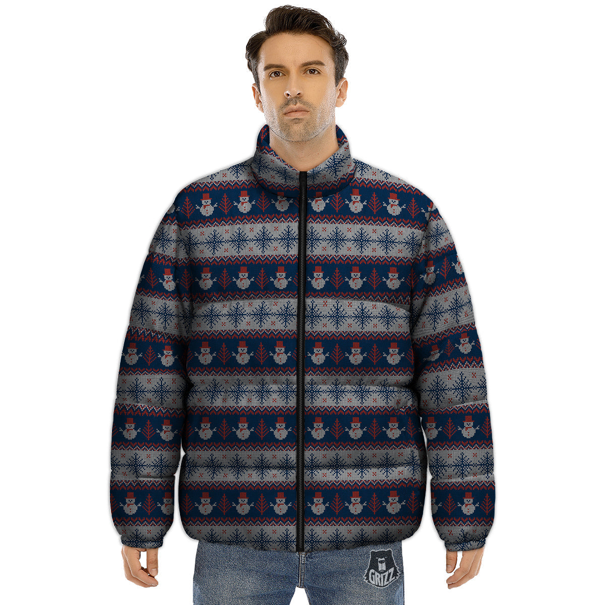 Knitted Cute Snowman Print Pattern Puffer Jacket-grizzshop