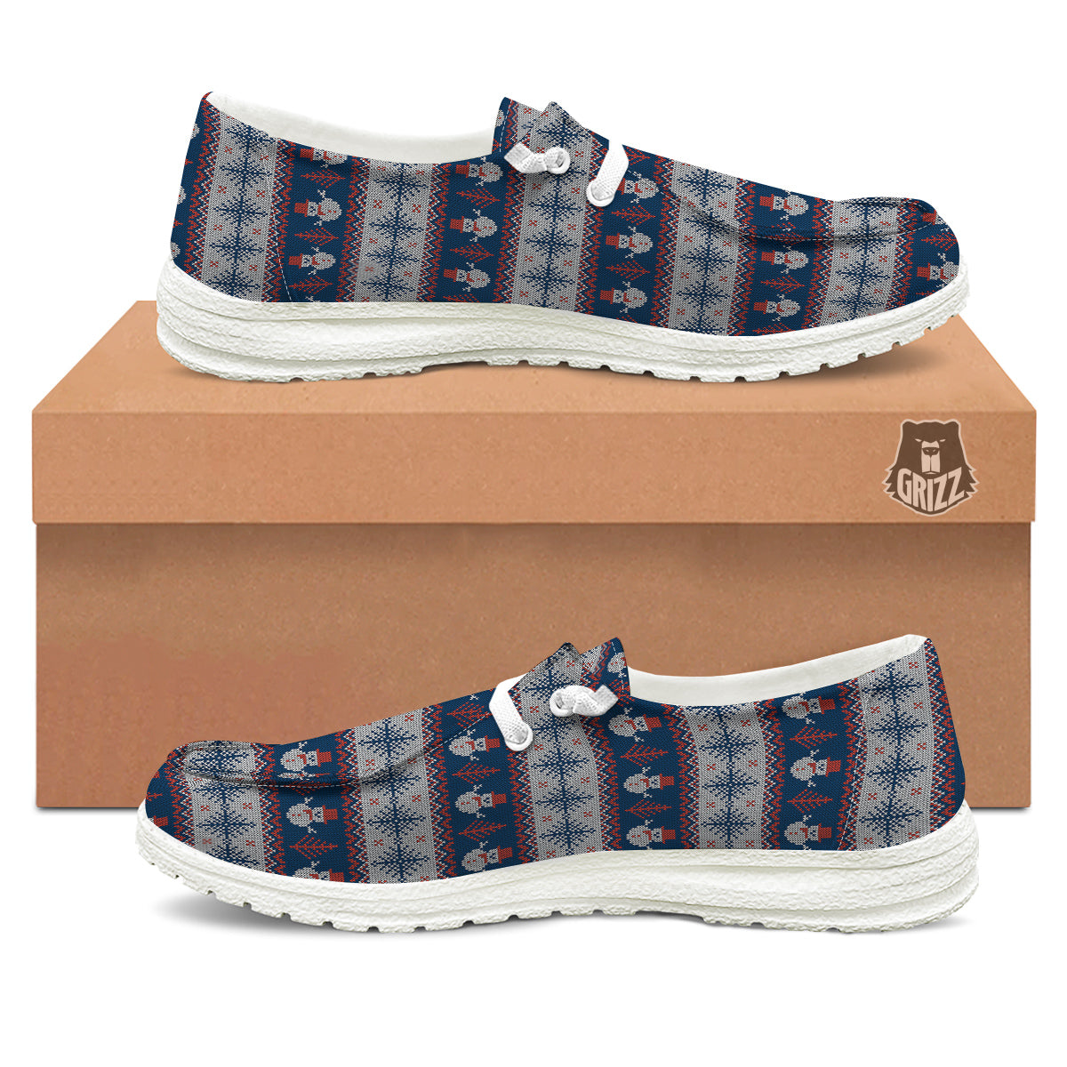 Knitted Cute Snowman Print Pattern White Loafers-grizzshop