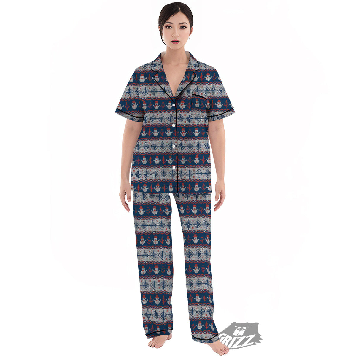 Knitted Cute Snowman Print Pattern Women's Pajamas Set-grizzshop