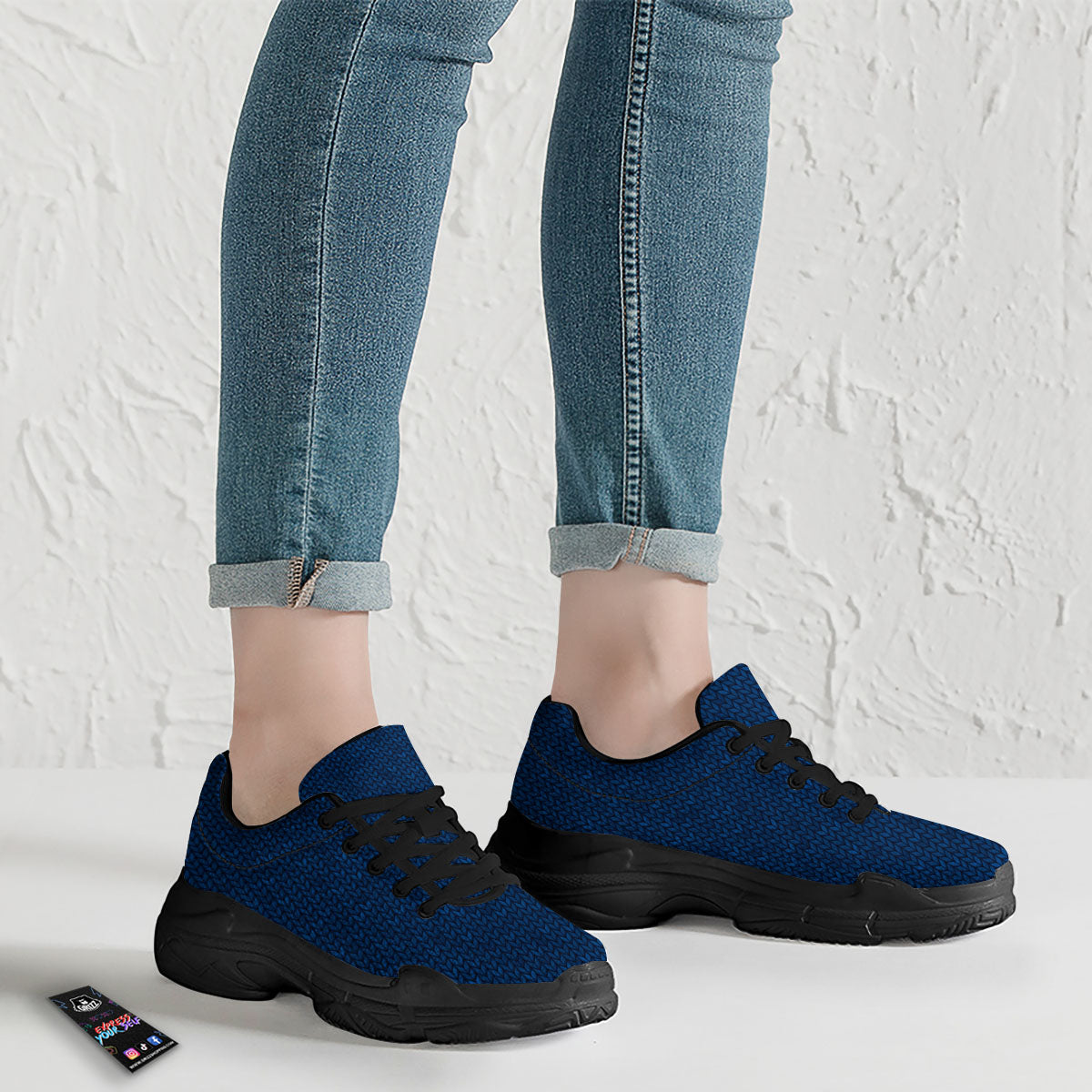 Knitted Deep Blue Print Pattern Black Chunky Shoes-grizzshop