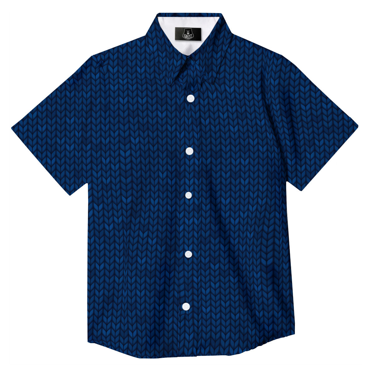 Knitted Deep Blue Print Pattern Button Up Shirt-grizzshop