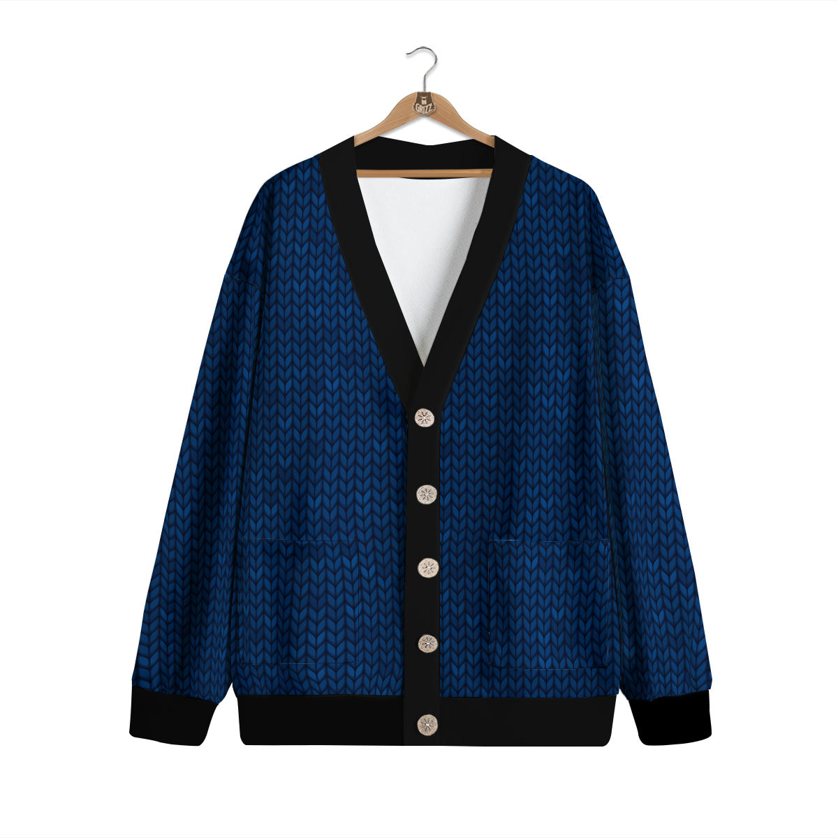 Knitted Deep Blue Print Pattern Cardigan-grizzshop