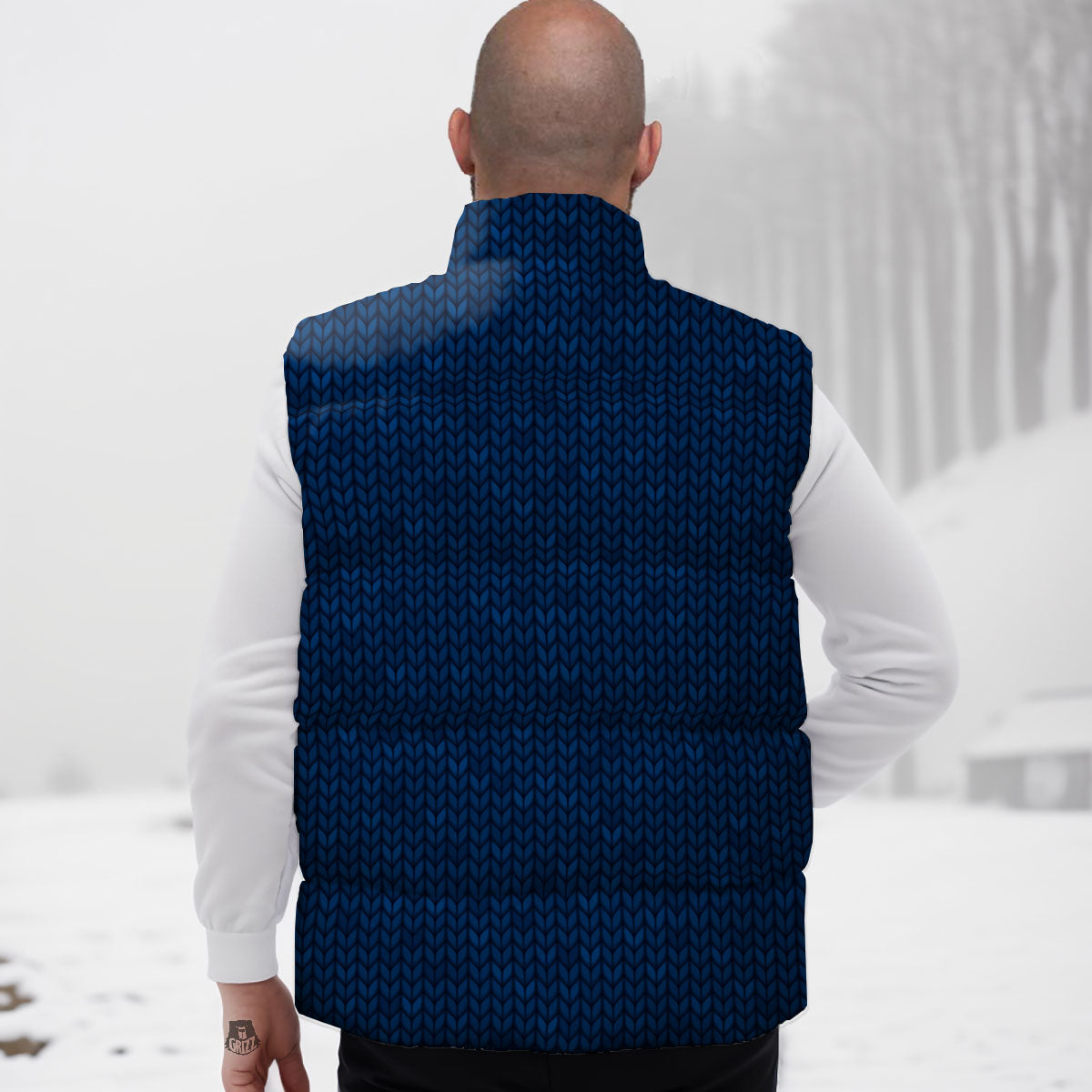 Knitted Deep Blue Print Pattern Down Vest
