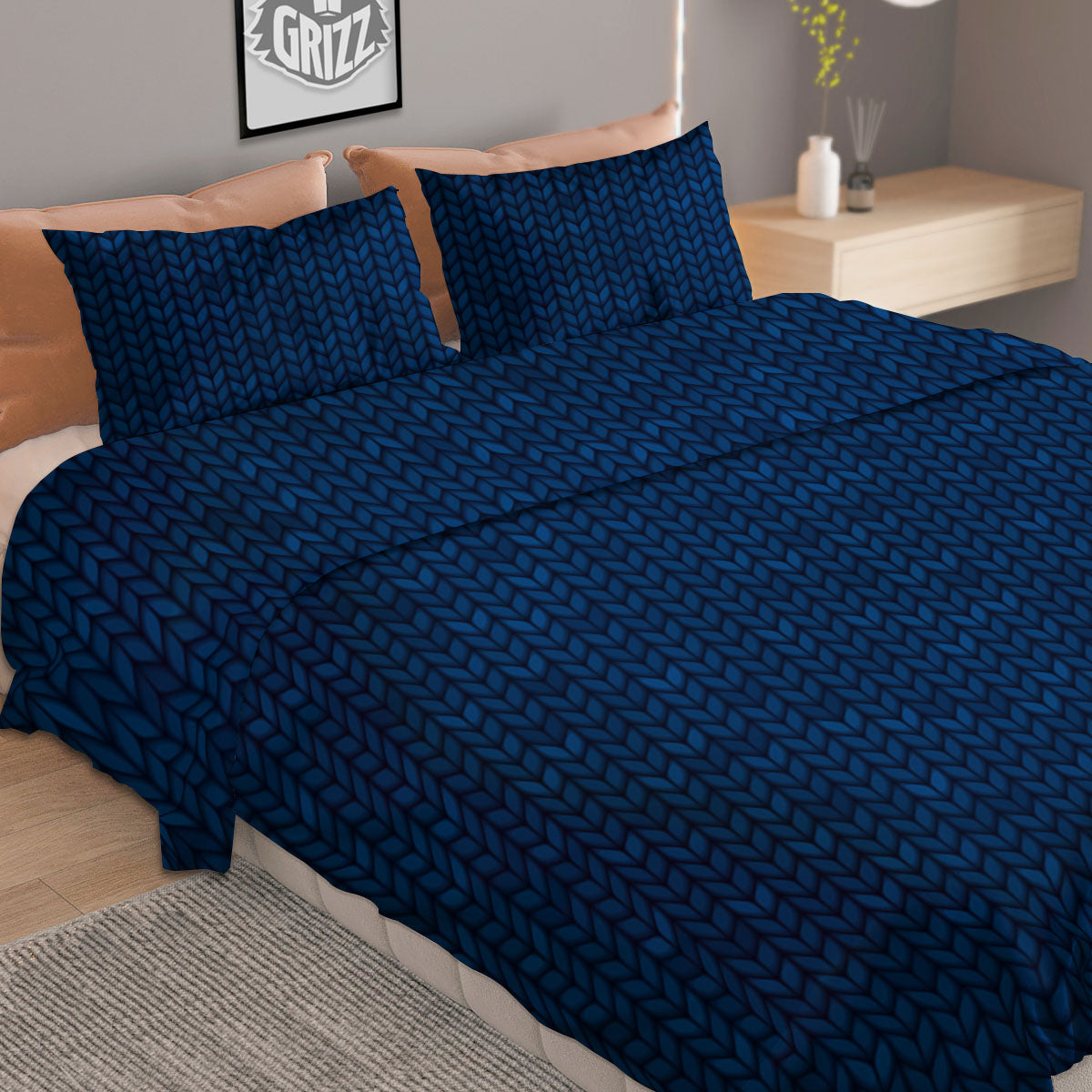 Knitted Deep Blue Print Pattern Duvet Cover Bedding Set