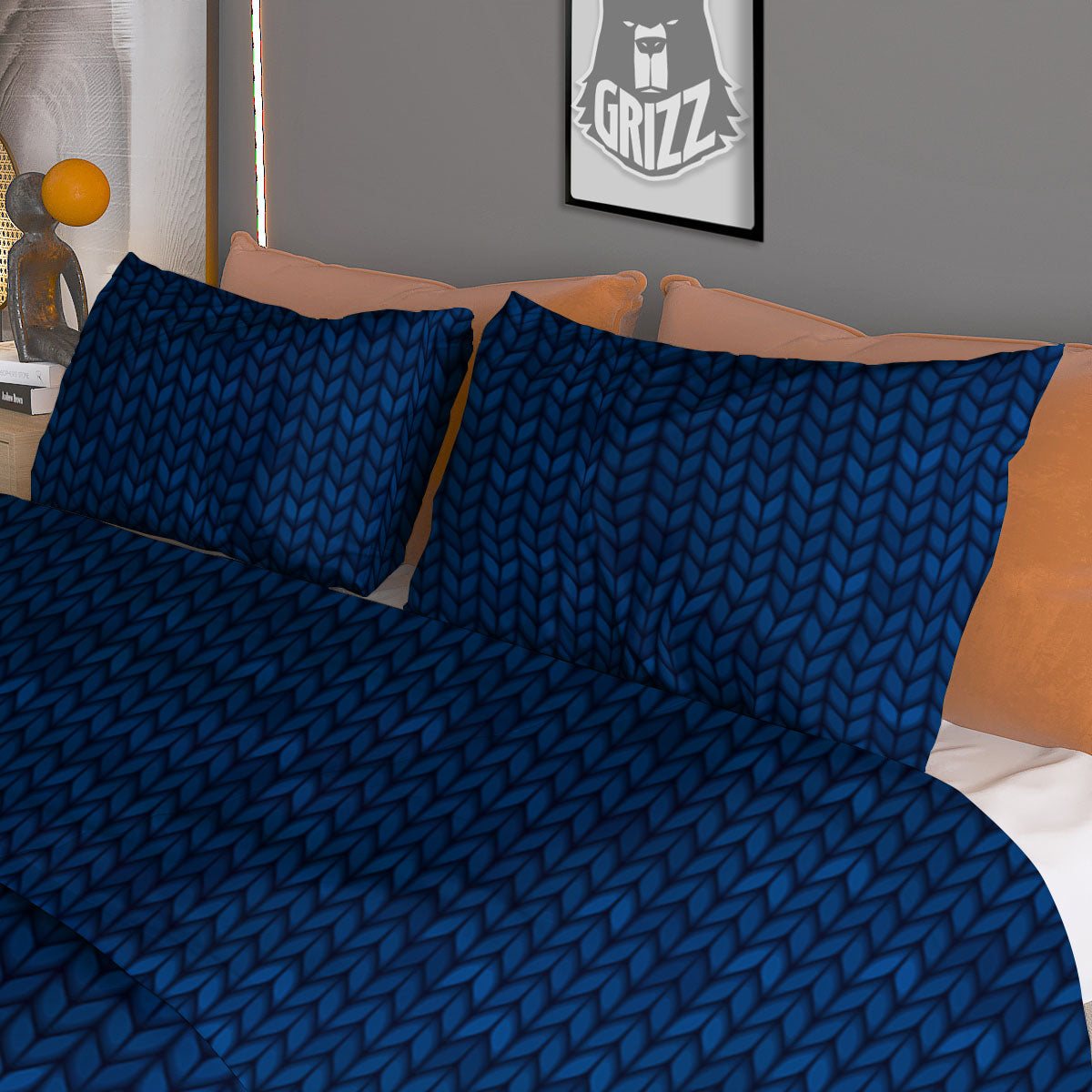 Knitted Deep Blue Print Pattern Duvet Cover Bedding Set