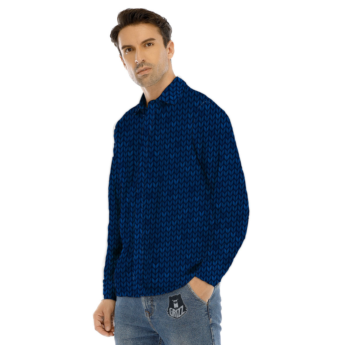 Knitted Deep Blue Print Pattern Men's Dress Shirts-grizzshop