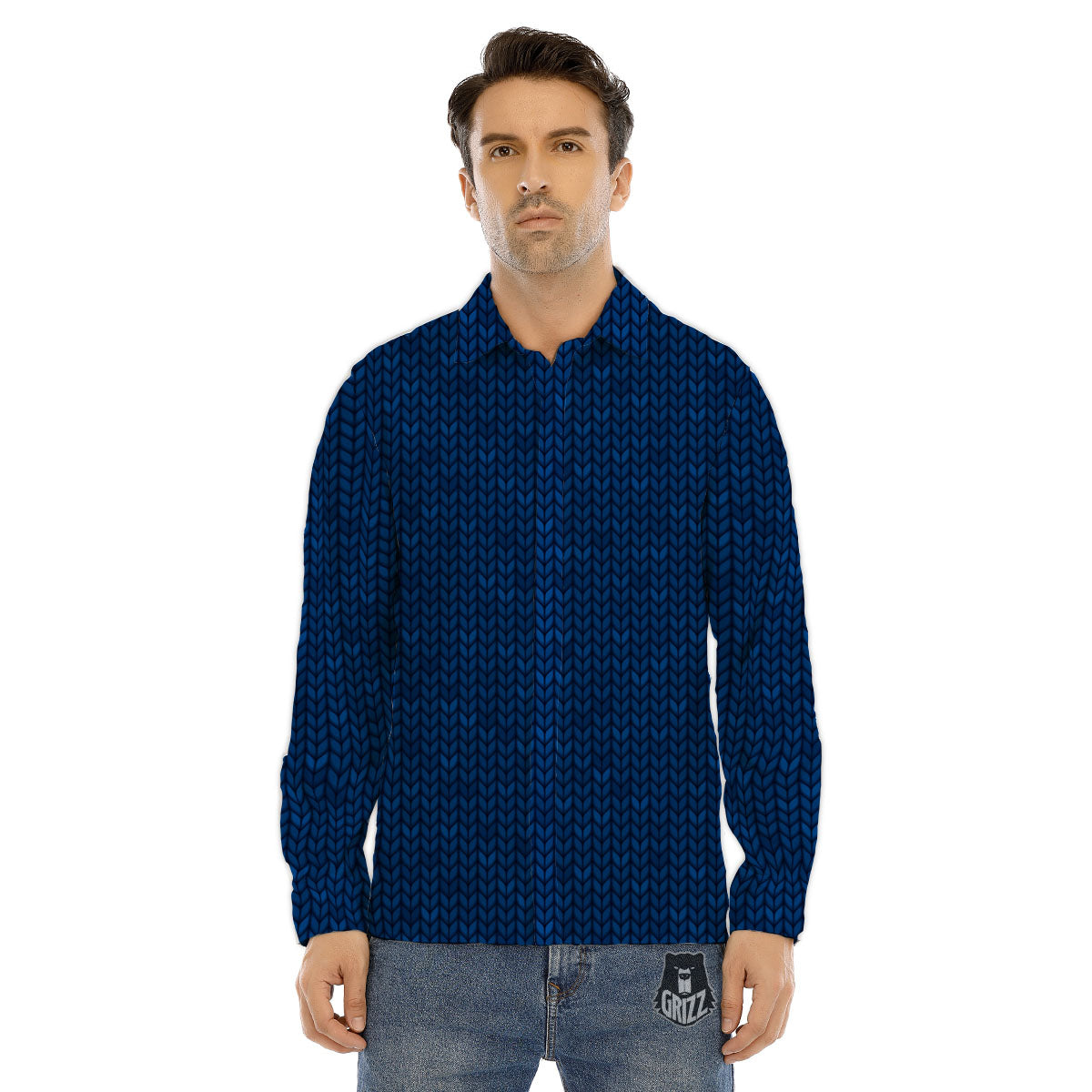 Knitted Deep Blue Print Pattern Men's Dress Shirts-grizzshop