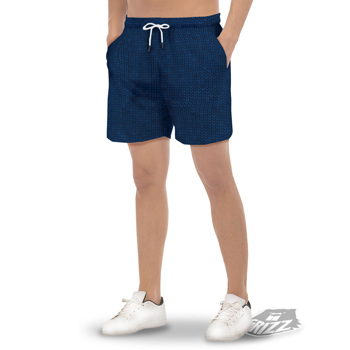 Knitted Deep Blue Print Pattern Men's Gym Shorts-grizzshop