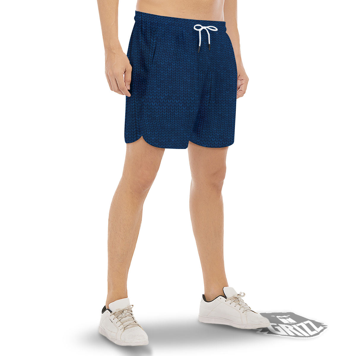 Knitted Deep Blue Print Pattern Men's Gym Shorts-grizzshop