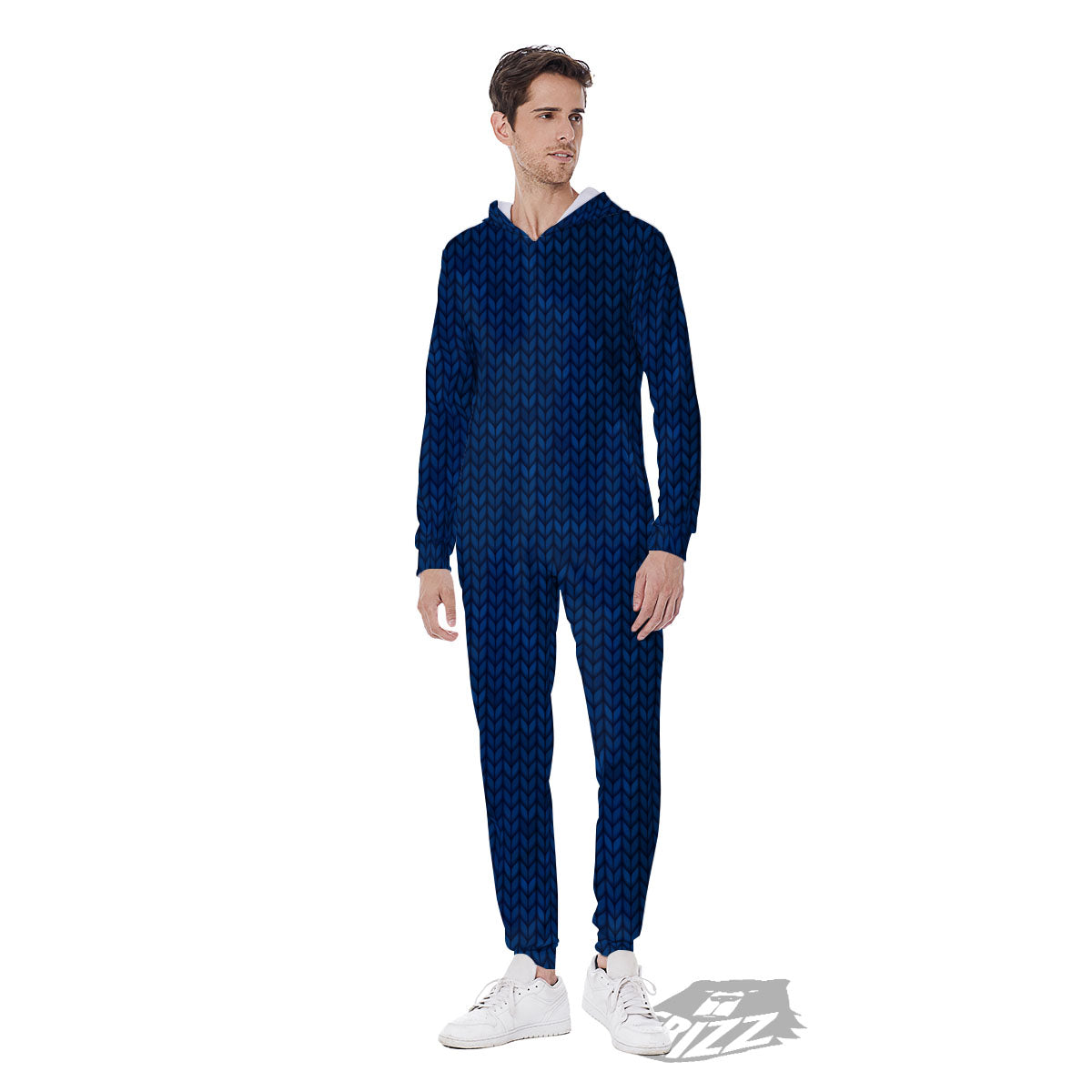 Knitted Deep Blue Print Pattern Men's Jumpsuit-grizzshop