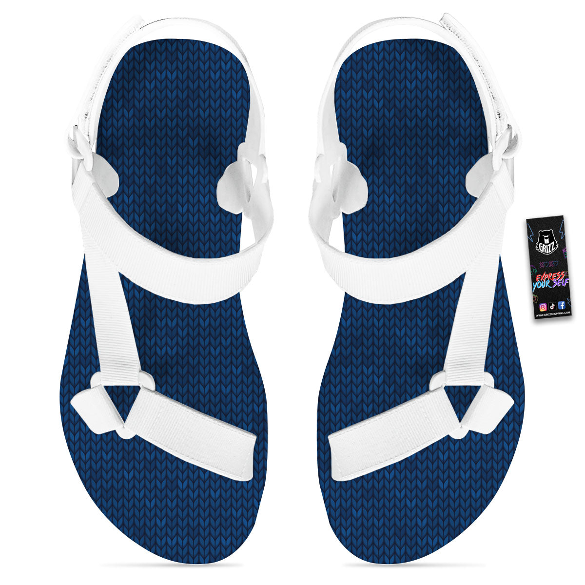 Knitted Deep Blue Print Pattern White Open Toe Sandals-grizzshop