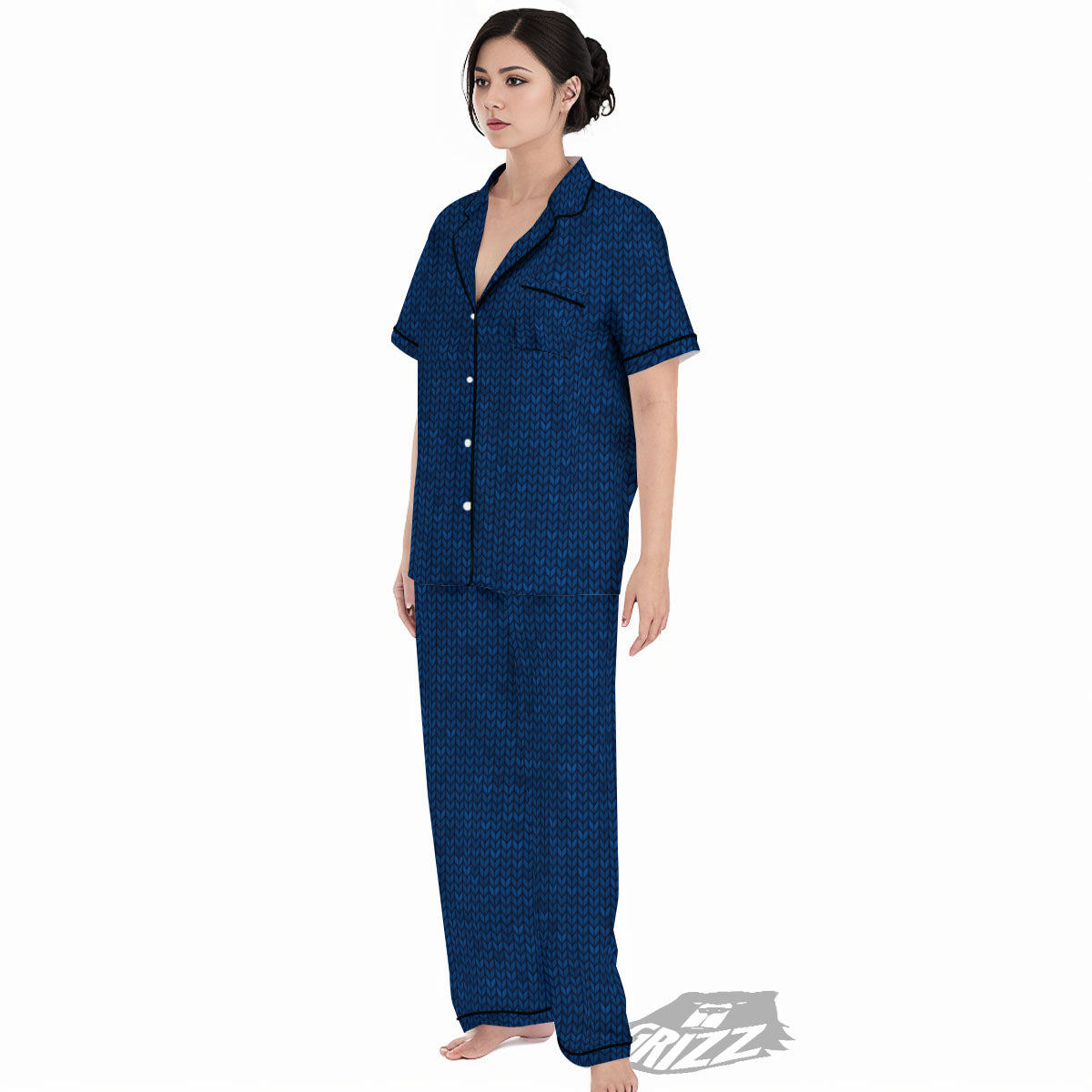 Knitted Deep Blue Print Pattern Women's Pajamas Set-grizzshop