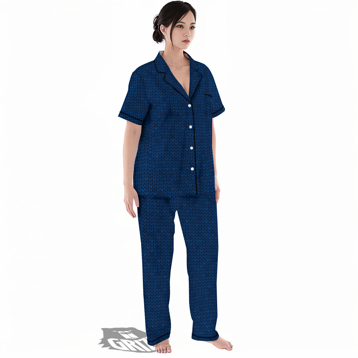 Knitted Deep Blue Print Pattern Women's Pajamas Set-grizzshop