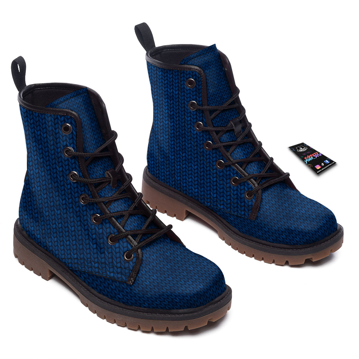 Knitted Deep Blue Print Pattern Work Boots-grizzshop
