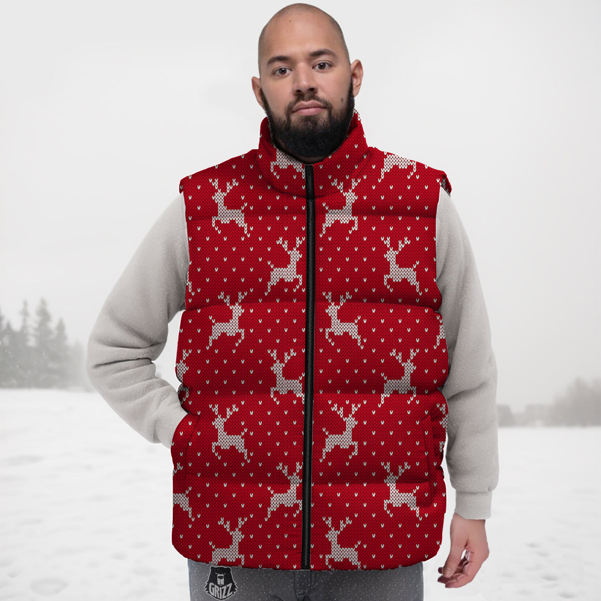Knitted Deer Xmas Print Pattern Down Vest