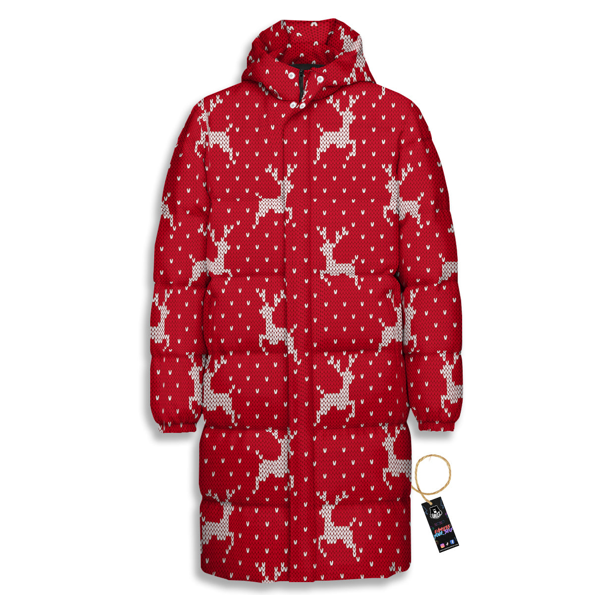Knitted Deer Xmas Print Pattern Long Down Jacket-grizzshop