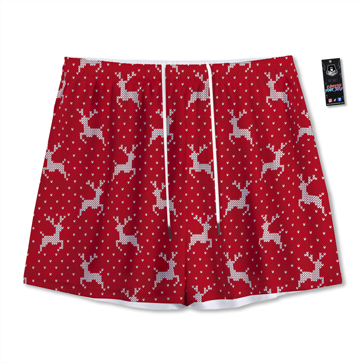 Knitted Deer Xmas Print Pattern Mesh Shorts
