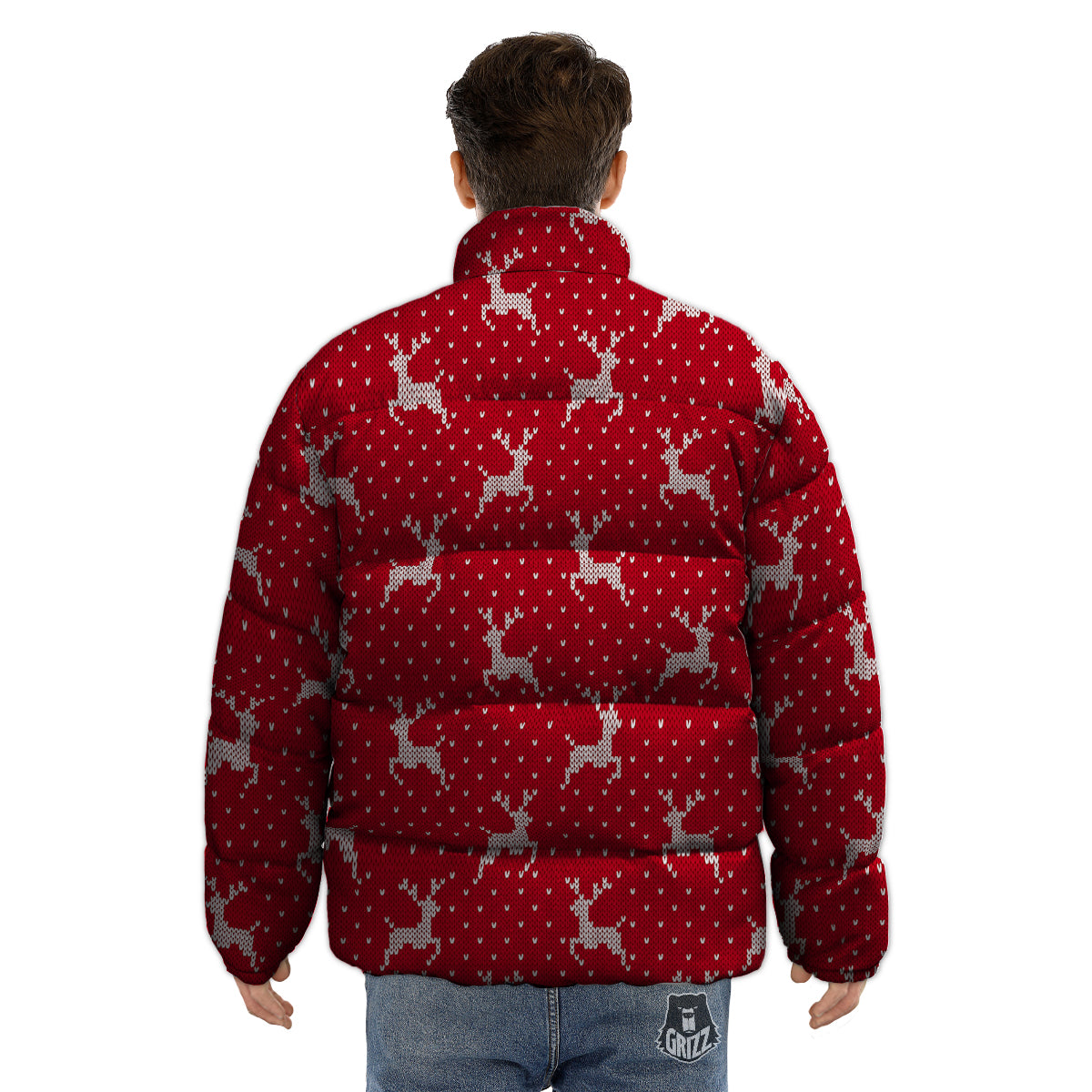 Knitted Deer Xmas Print Pattern Puffer Jacket-grizzshop