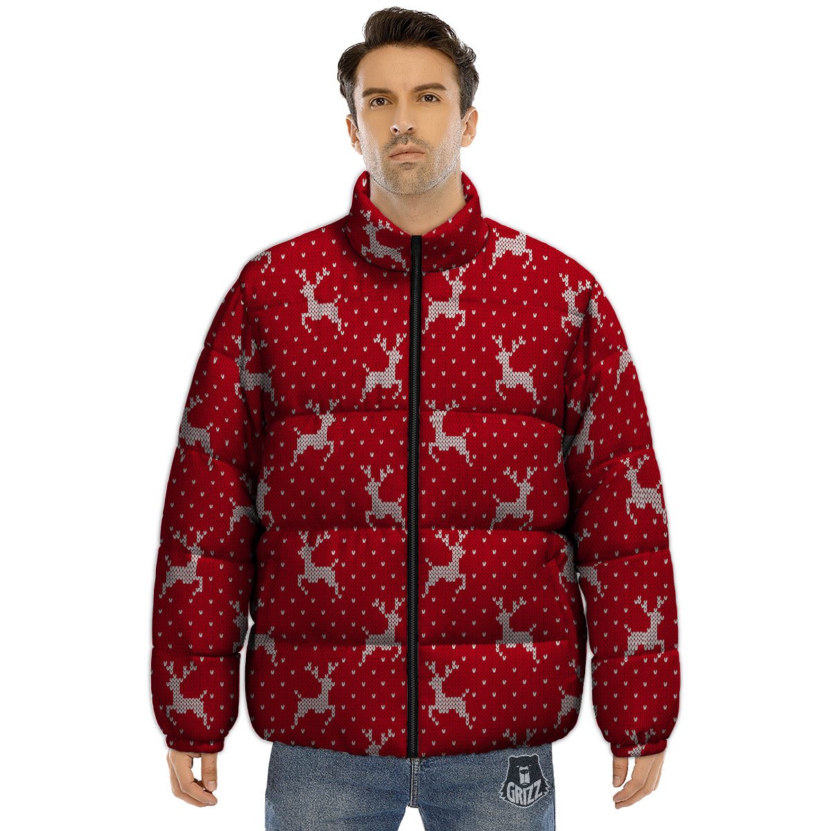 Knitted Deer Xmas Print Pattern Puffer Jacket-grizzshop