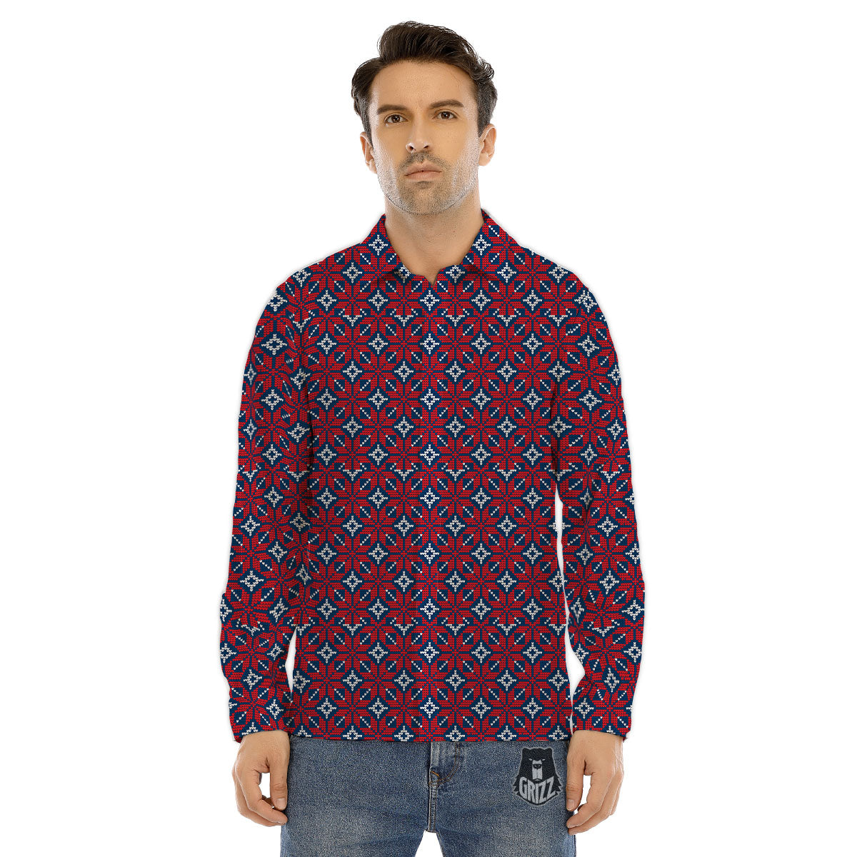 Knitted Flower Print Pattern Men's Dress Shirts-grizzshop