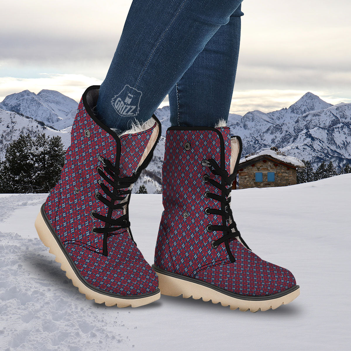 Knitted Flower Print Pattern Snow Boots-grizzshop