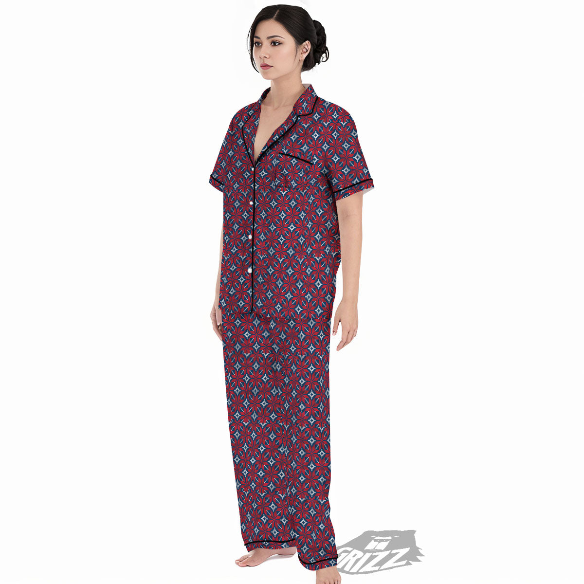 Knitted Flower Print Pattern Women's Pajamas Set-grizzshop