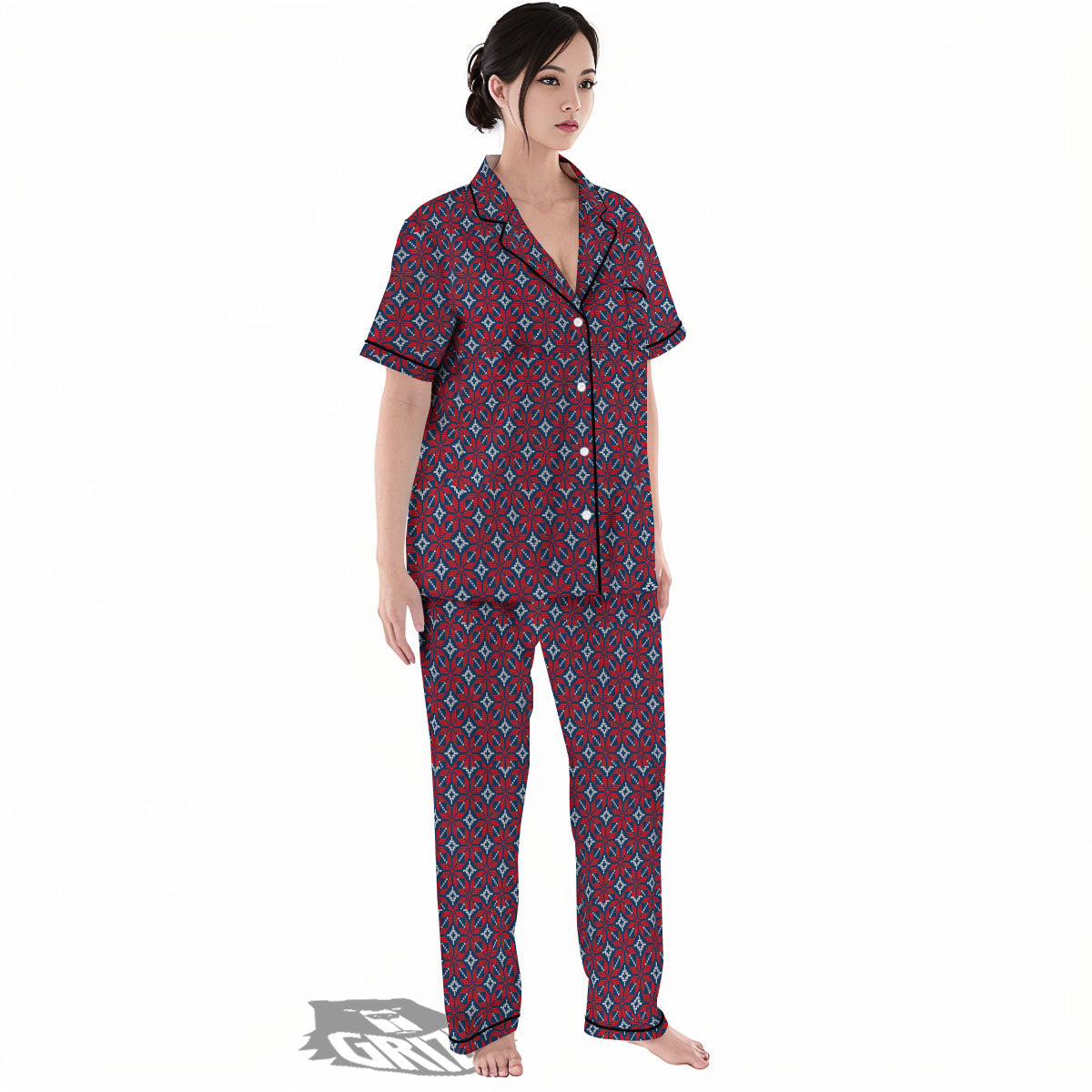 Knitted Flower Print Pattern Women's Pajamas Set-grizzshop