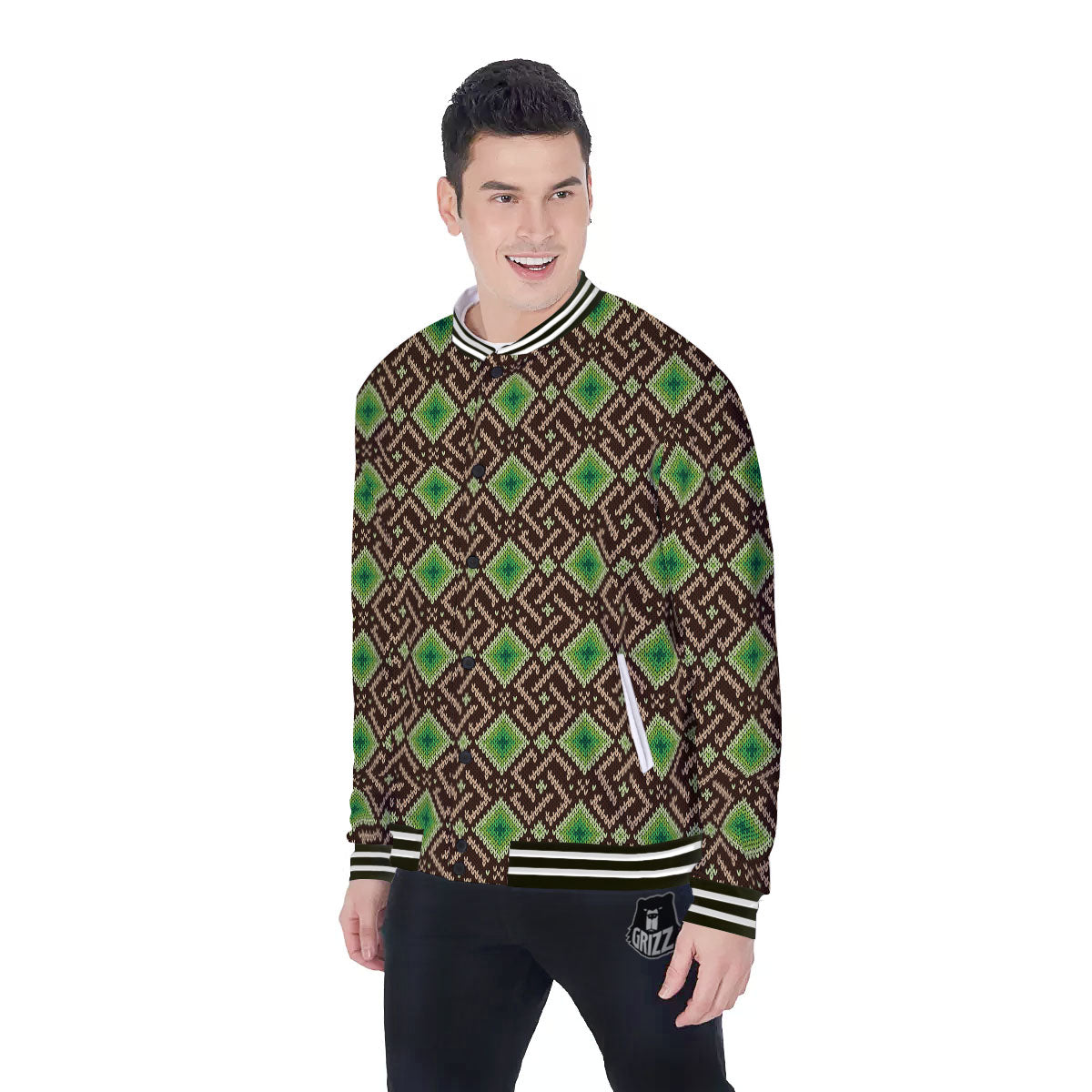 Knitted Geometric Print Pattern Baseball Jacket-grizzshop