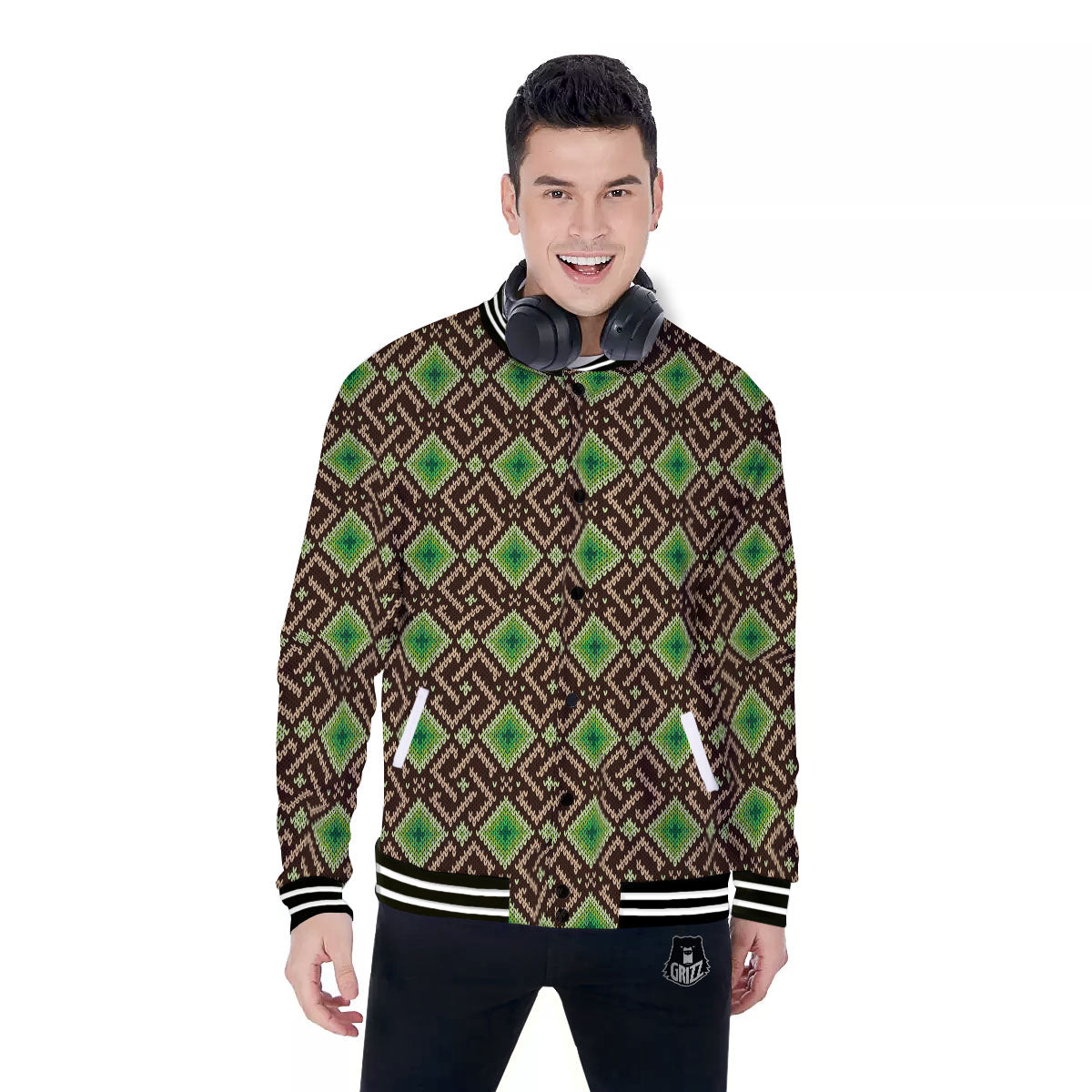 Knitted Geometric Print Pattern Baseball Jacket-grizzshop