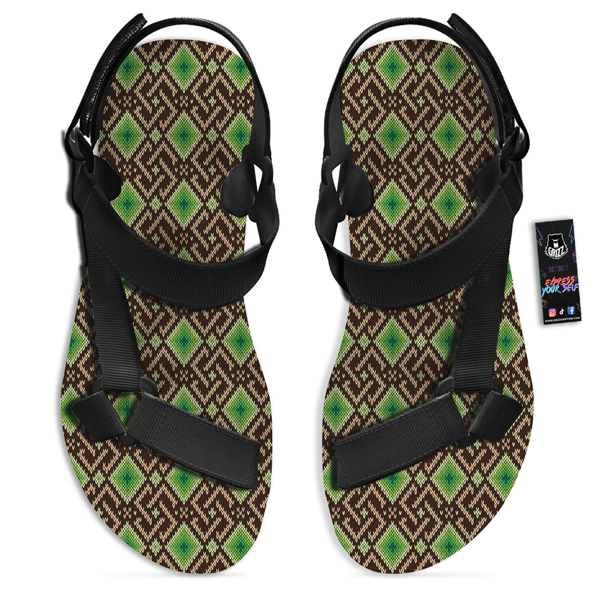 Knitted Geometric Print Pattern Black Open Toe Sandals-grizzshop