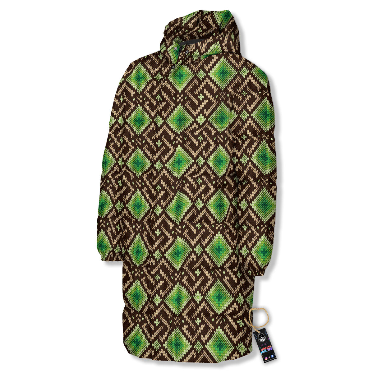 Knitted Geometric Print Pattern Long Down Jacket-grizzshop