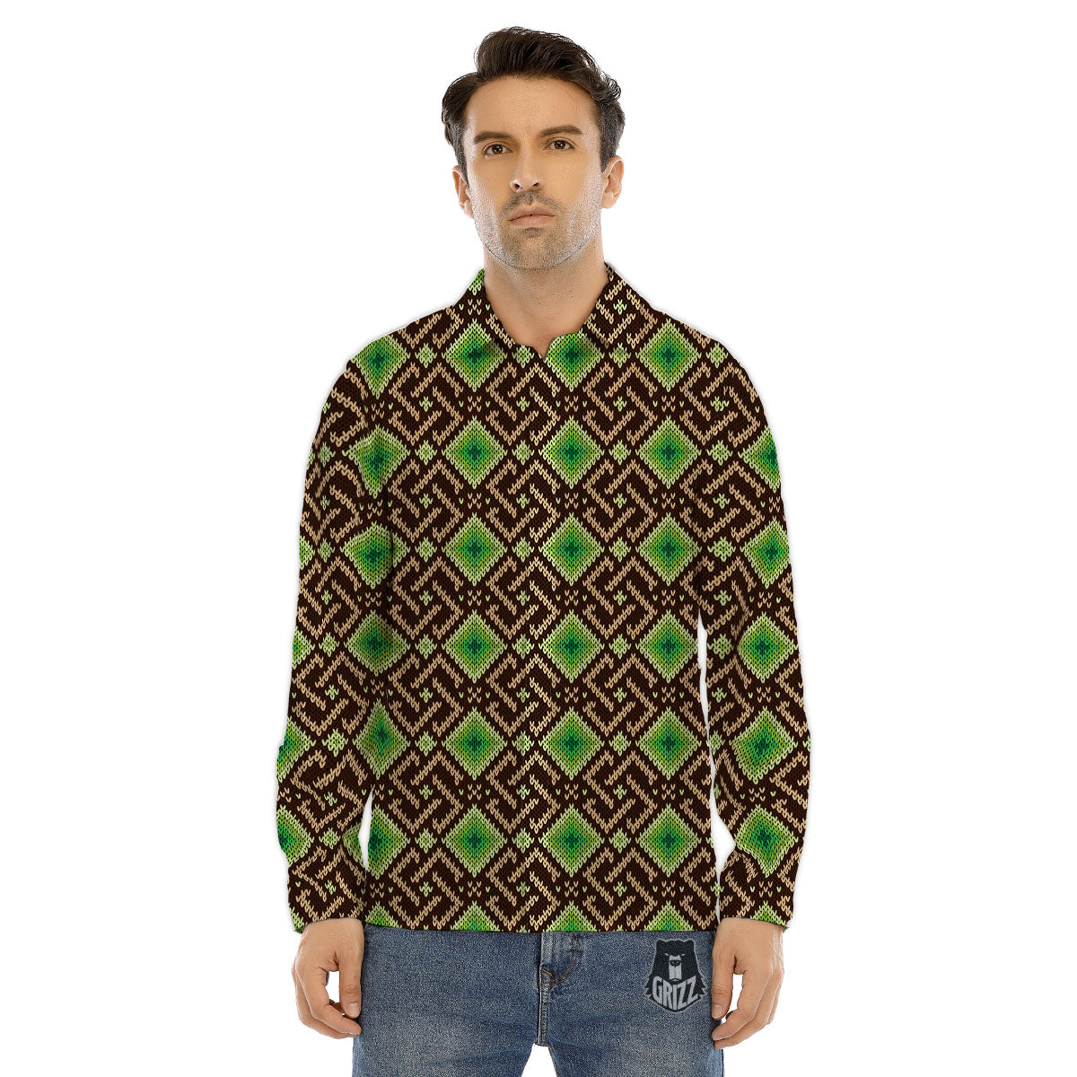 Knitted Geometric Print Pattern Men's Dress Shirts-grizzshop