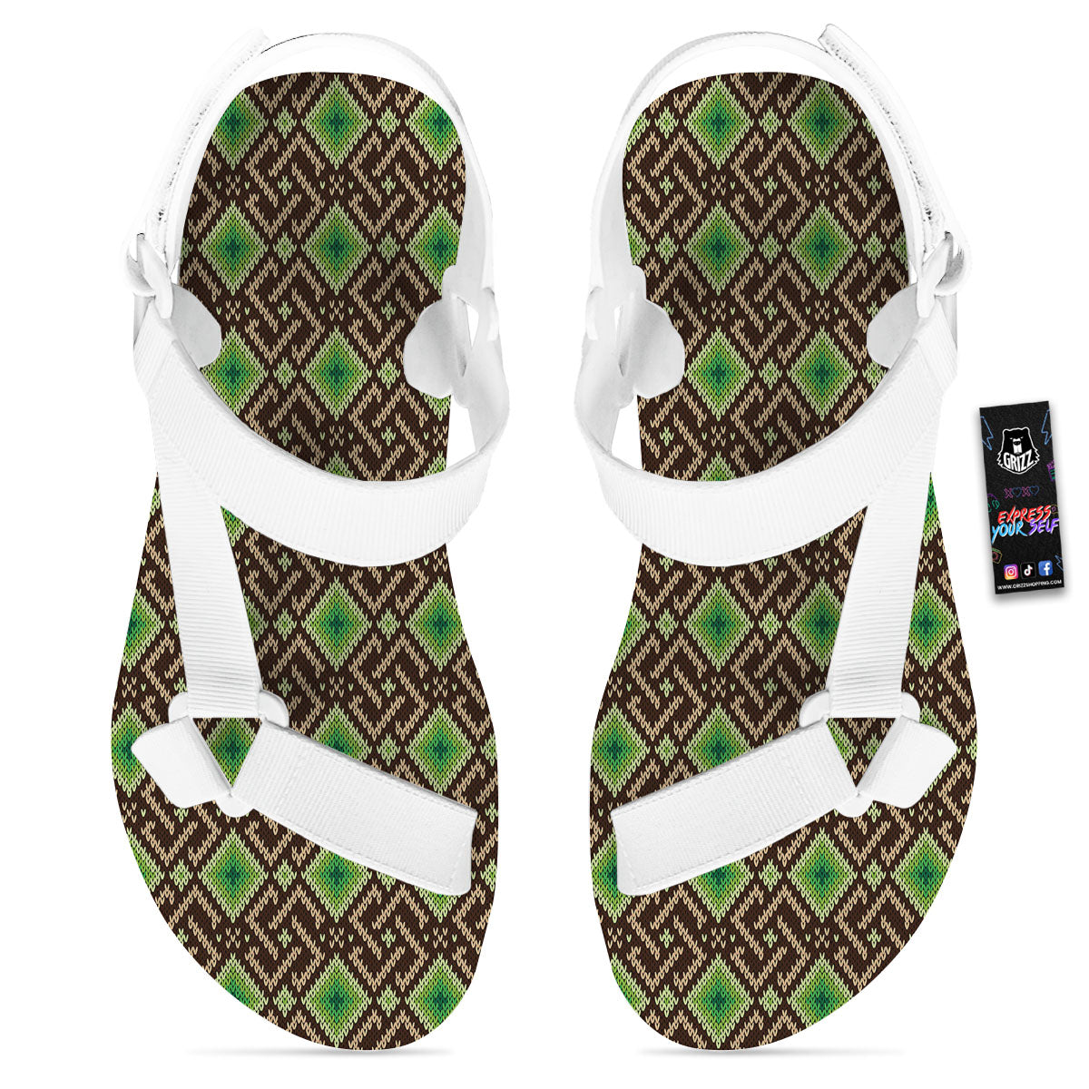 Knitted Geometric Print Pattern White Open Toe Sandals-grizzshop