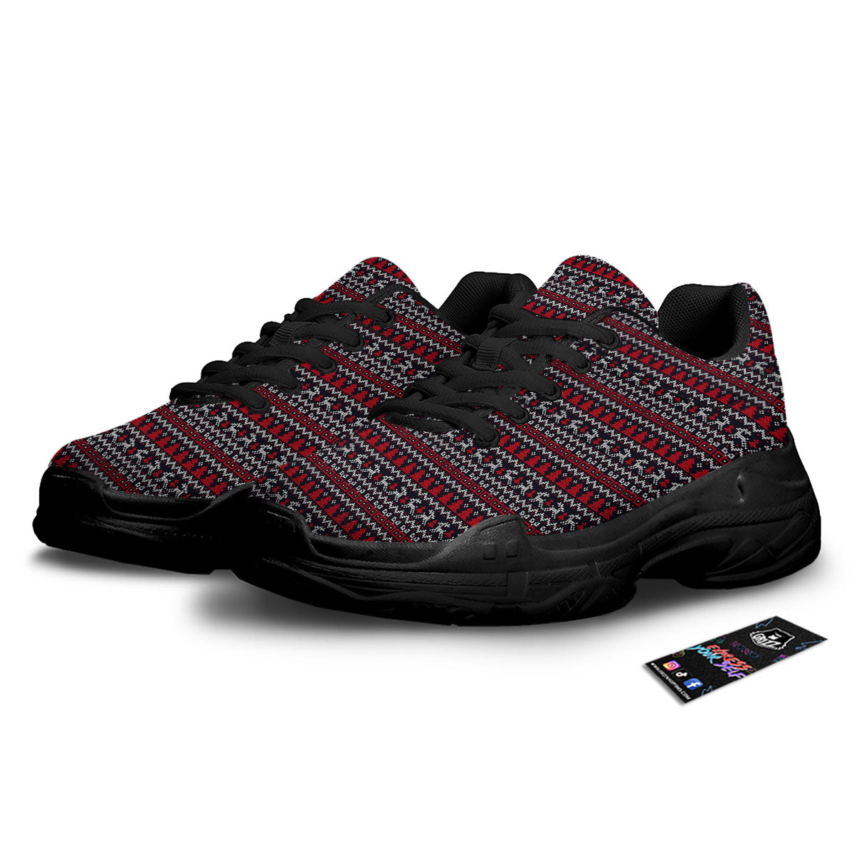 Knitted Geometric Xmas Print Pattern Black Chunky Shoes-grizzshop
