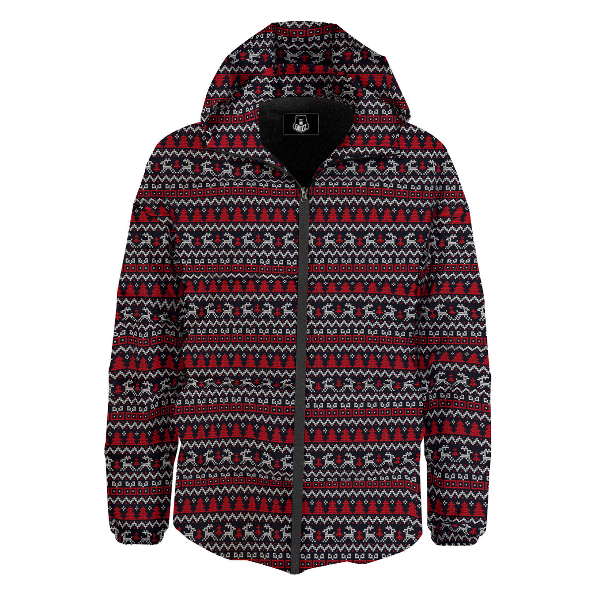 Knitted Geometric Xmas Print Pattern Down Jacket-grizzshop
