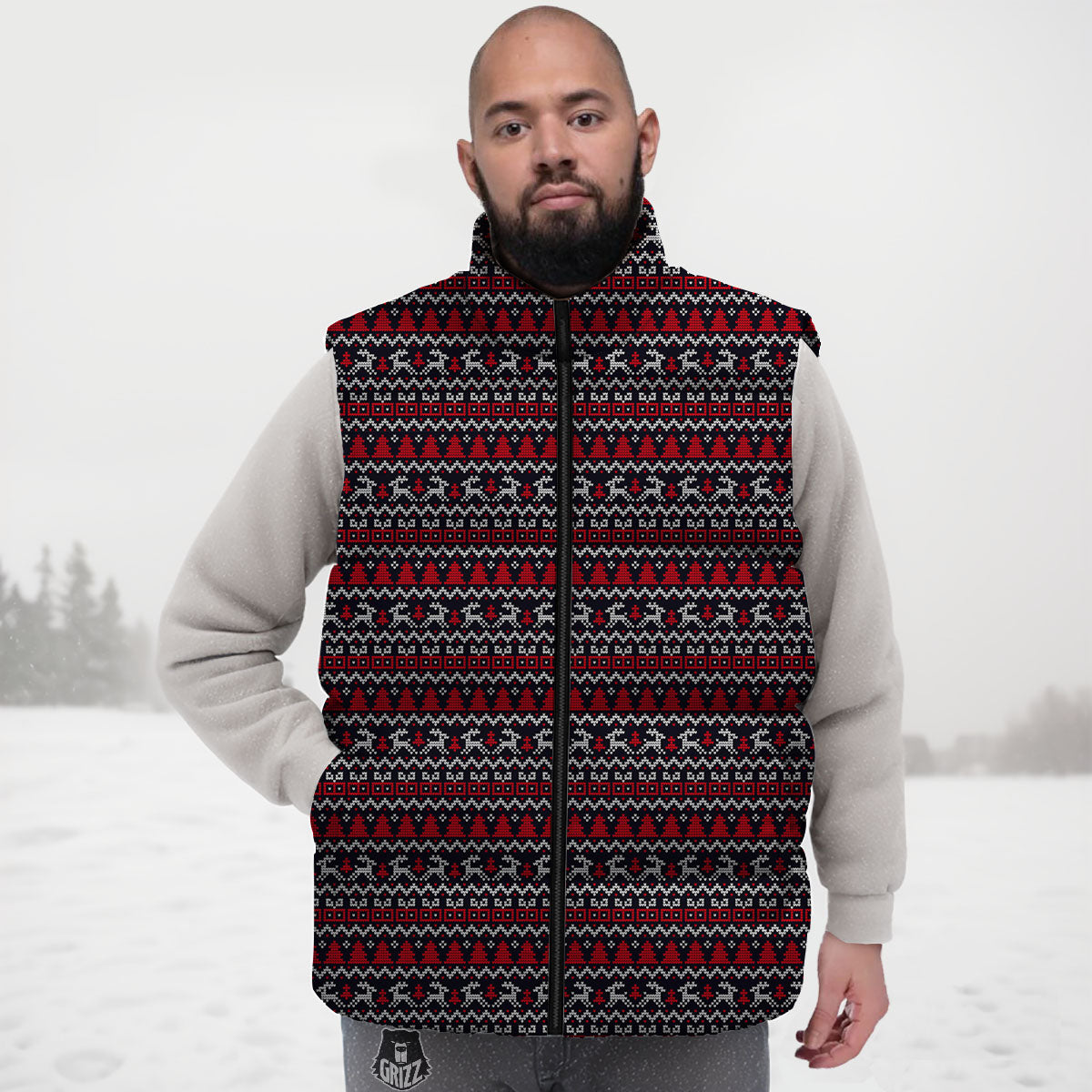 Knitted Geometric Xmas Print Pattern Down Vest