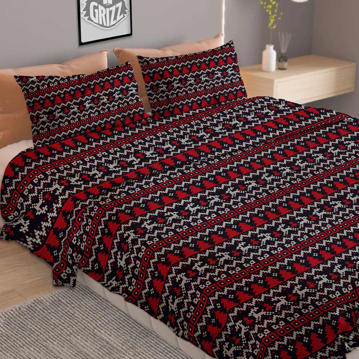 Knitted Geometric Xmas Print Pattern Duvet Cover Bedding Set