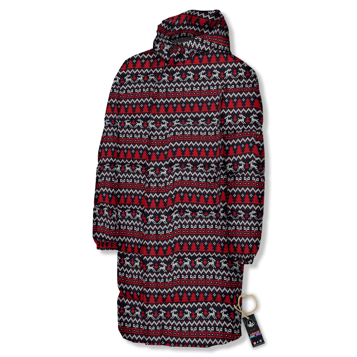 Knitted Geometric Xmas Print Pattern Long Down Jacket-grizzshop