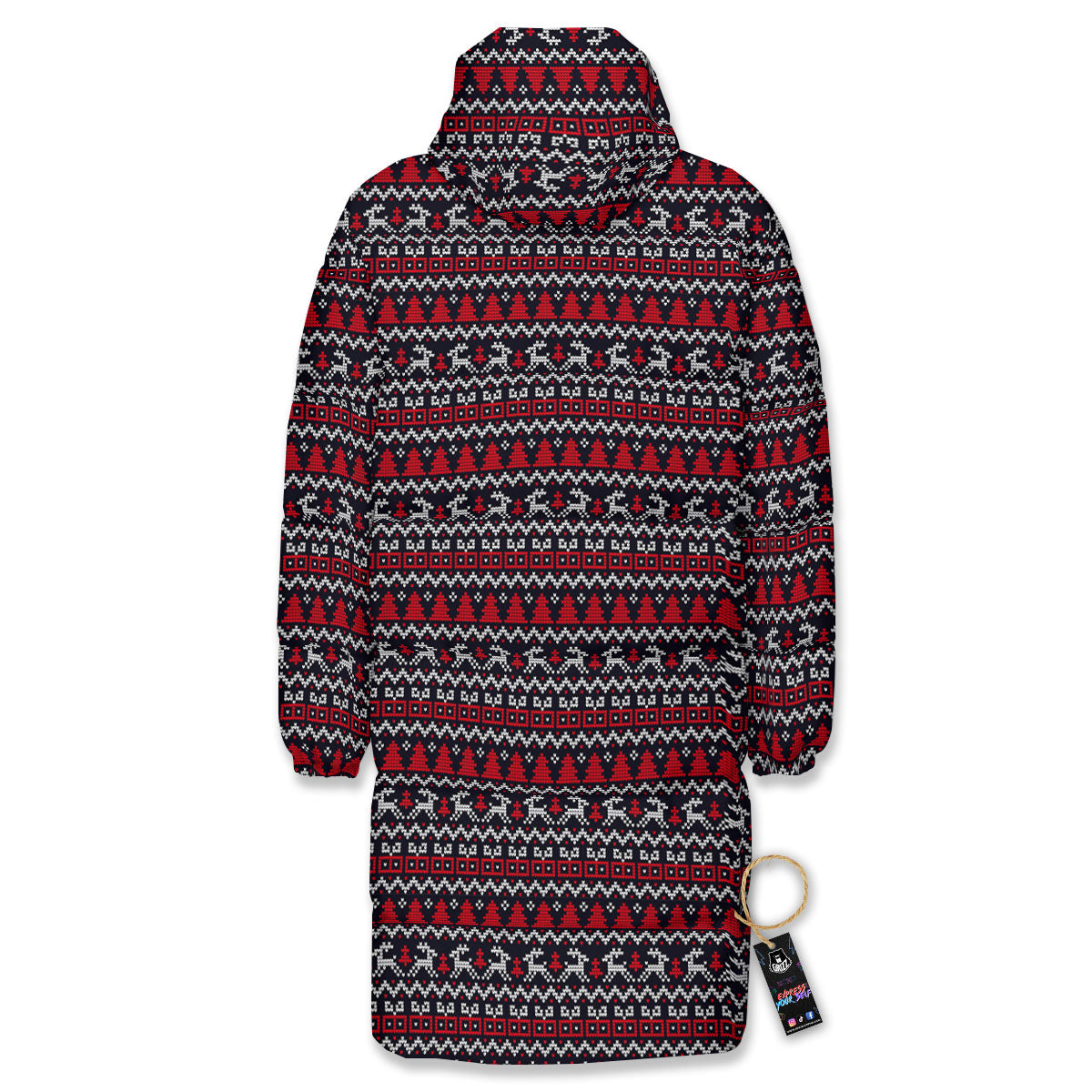 Knitted Geometric Xmas Print Pattern Long Down Jacket-grizzshop