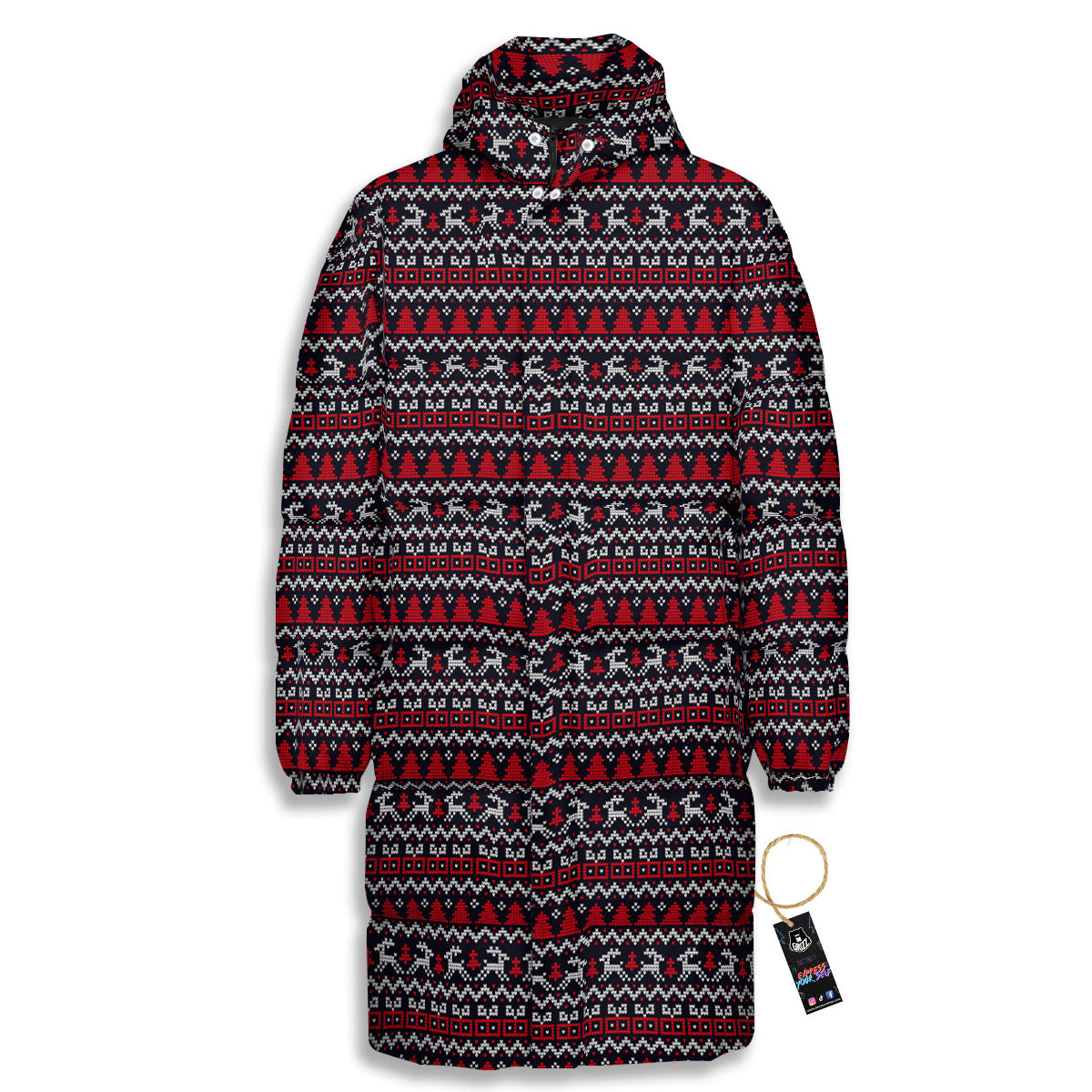 Knitted Geometric Xmas Print Pattern Long Down Jacket-grizzshop