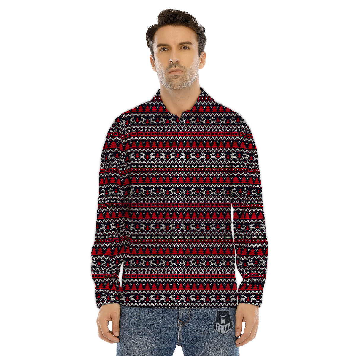 Knitted Geometric Xmas Print Pattern Men's Dress Shirts-grizzshop