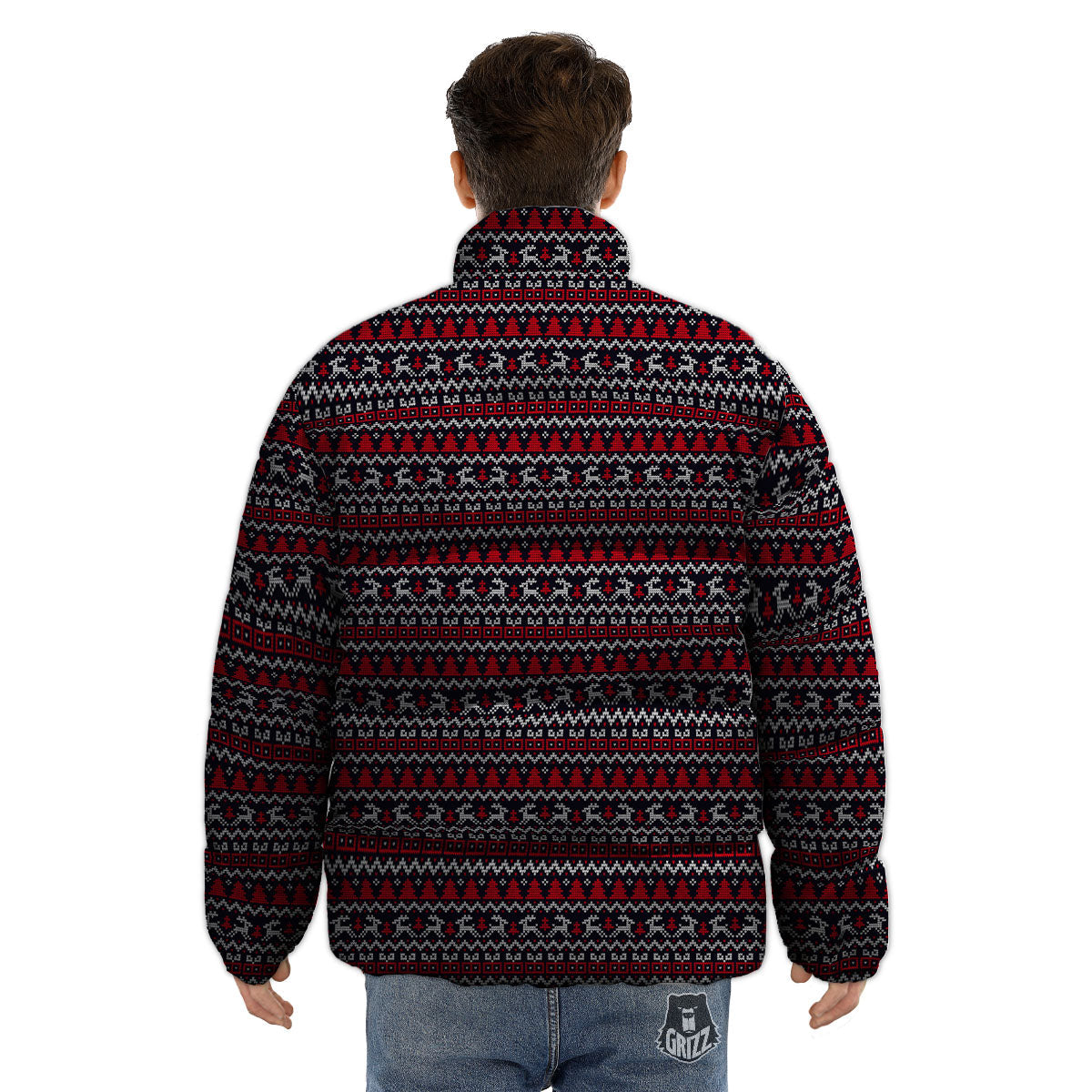 Knitted Geometric Xmas Print Pattern Puffer Jacket-grizzshop