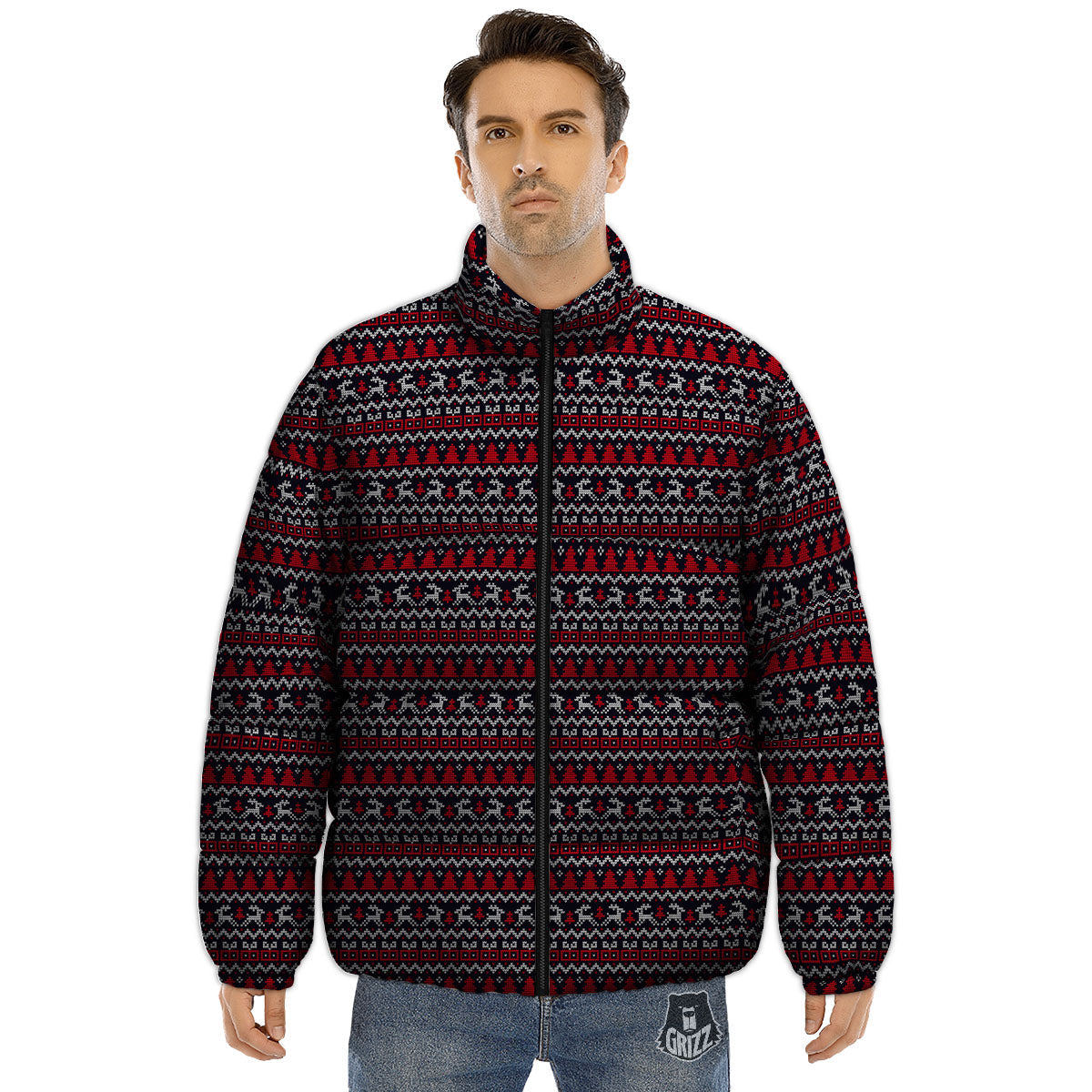 Knitted Geometric Xmas Print Pattern Puffer Jacket-grizzshop
