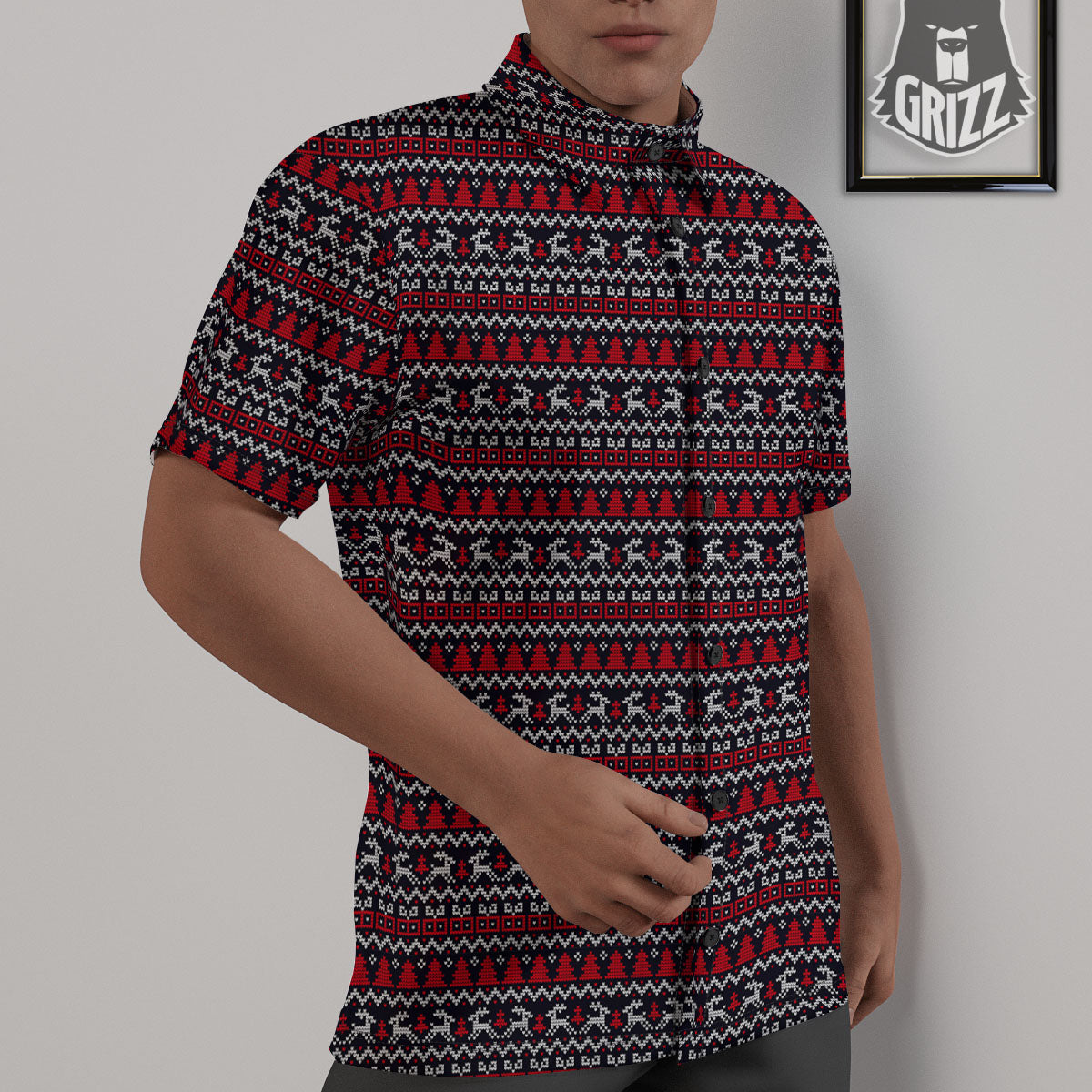 Knitted Geometric Xmas Print Pattern Untucked Shirts-grizzshop