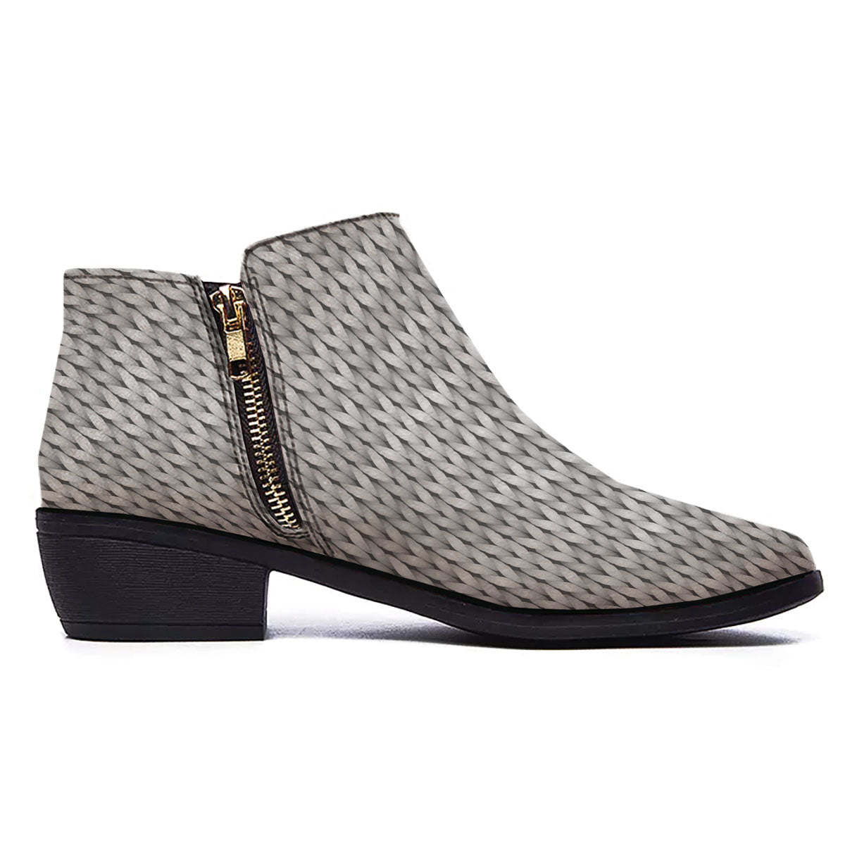 Knitted Grey Print Pattern Ankle Boots-grizzshop