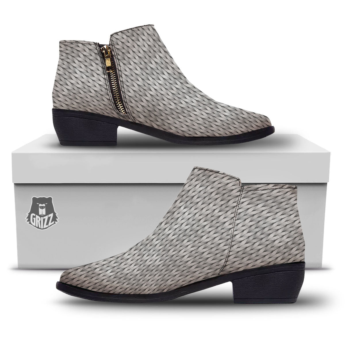 Knitted Grey Print Pattern Ankle Boots-grizzshop