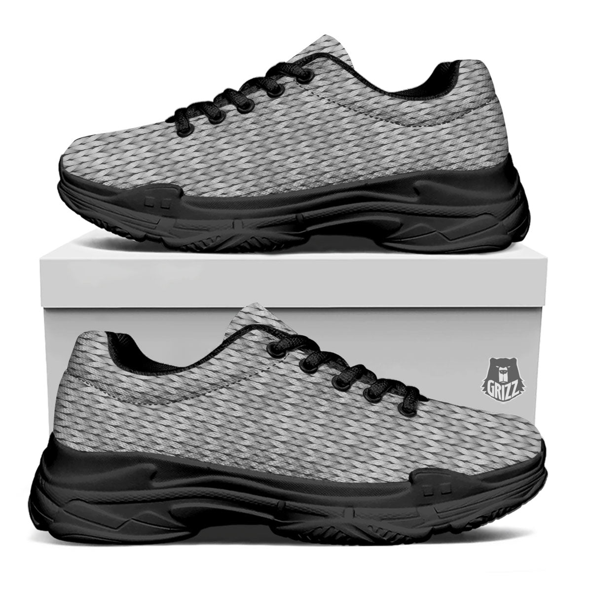 Knitted Grey Print Pattern Black Chunky Shoes-grizzshop
